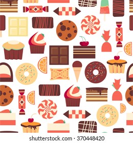 Seamless pattern with sweet dessert objects. Abstract background with tasty gourmet items. For wallpaper and wrapping paper. Food vector design illustration. Retro confectionery. Pastry.