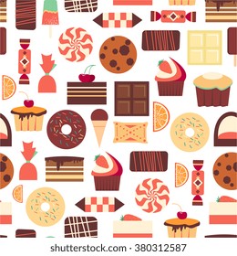 Seamless pattern with sweet dessert objects. Abstract background with tasty gourmet items. For wallpaper and wrapping paper. Food vector design illustration. Retro confectionery. Pastry.