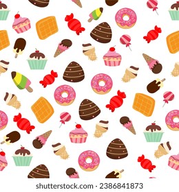 Patrón de postre dulce sin foco sobre fondo blanco. Ilustración del vector