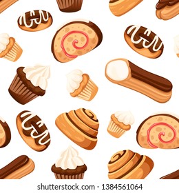 Seamless pattern. Sweet dessert pastry set. Collection of different types of cakes. Flat vector illustration on white background. Icon for bakery shop.