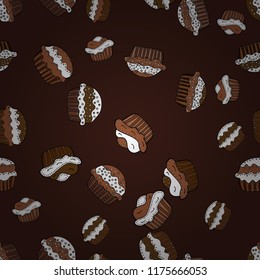 Seamless pattern with sweet desserts. Brown, white and black color. Wrapping paper. Endless pattern, brown, white and black background. Cream. Vector illustration.