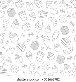 Seamless pattern with sweet desserts and coffee