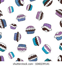 Seamless pattern with sweet desserts. Cream. Endless pattern, white, brown and blue background. White, brown and blue color. Wrapping paper. Vector illustration.