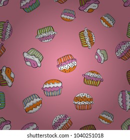 Seamless pattern with sweet desserts. Cream. Endless pattern, pink, white and black background. Pink, white and black color. Wrapping paper. Vector illustration.