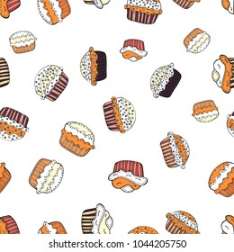 Seamless pattern with sweet desserts. Cream. Vector illustration. Wrapping paper. White, orange and black color. Endless pattern, white, orange and black background.