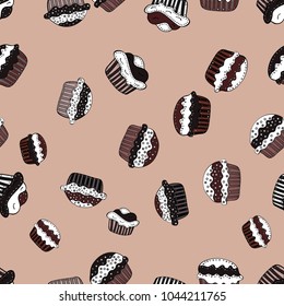 Seamless pattern with sweet desserts. Cream. Endless pattern, neutral, white and gray background. Neutral, white and gray color. Wrapping paper. Vector illustration.