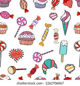 Seamless pattern with sweet desserts. Endless pattern, black, white and pink background. Wrapping paper. Cream. Vector illustration. Black, white and pink color.