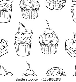Seamless pattern with sweet desserts. Made in black and white style painted by hand. Endless texture for your design, announcements, postcards, posters, restaurant menu and others.