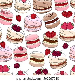 Seamless pattern with sweet desserts. Merengue, macaroons and cream. Endless pattern, white background. Beige, pink and brown color. 