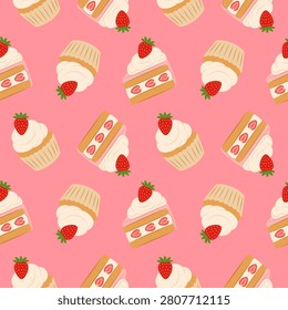 Seamless pattern with sweet desserts on a pink background. Cupcake and a slice of cake with strawberries and white cream. Cute pattern for wallpaper, gift wrapping, or cafe menu.