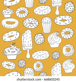 Seamless pattern with sweet desserts. Pastries, donuts. 
