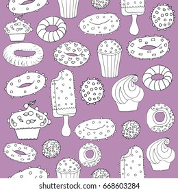 Seamless pattern with sweet desserts. Pastries, donuts. 