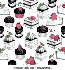 Seamless pattern with sweet desserts. Pastry, berries,chocolate and cakes. Hand drawn vector background. Can be use for menu, packaging, bakery.