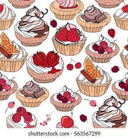 Seamless pattern with sweet desserts. Pastry,cupcakes, fruits, berries and cream. Endless pattern, white background. Red, pink and brown color. 