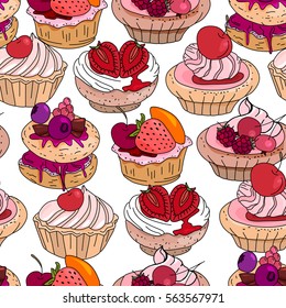 Nahtlose Muster mit süßen Desserts. Konditorei, Cupcakes, Früchte, Beeren und Sahne. Endloses Muster, weißer Hintergrund. Rot, Rosa und Braun. 