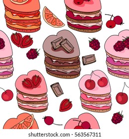 Seamless pattern with sweet desserts. Pastry,heart  shape, fruits, berries and chocolate. Endless pattern, white background. Red, pink and brown color. 