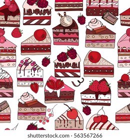 Seamless pattern with sweet desserts. Pastry,slices of cake, berries,chocolate and cream. Endless pattern, white background. Red, pink and brown color. 