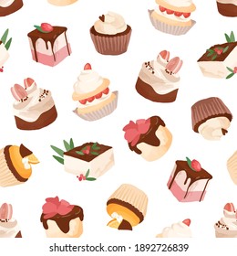 Seamless pattern with sweet desserts, pieces of cakes and cupcakes decorated with whipped cream, berries, fruits and toppings. Endless backdrop for printing. Colorful vector illustration on white.