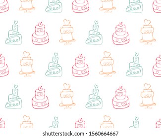Seamless pattern of sweet desserts in vector. Piece of cake, tiered cake, pudding. Hand drawn colored background with Doodle elements on the theme of sweet pastries. For decoration, Wallpaper, wrapper