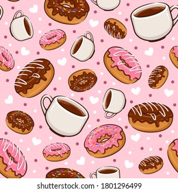 Seamless Pattern Sweet Donut And Coffee Cute Cartoon Illustration