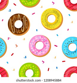 Seamless pattern with sweet donuts with colorful glaze isolated on white background. Vector illustration