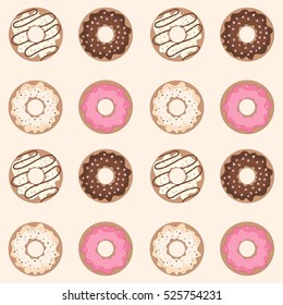 Seamless pattern. Sweet donuts with pink and chocolate glaze on pink background