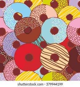 Seamless pattern Sweet donuts set with icing and sprinkles isolated, pastel colors on chocolate background. Vector
