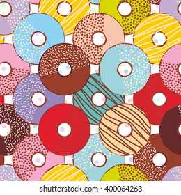Seamless pattern Sweet donuts set with icing and sprinkls isolated, pastel colors on white background. Vector