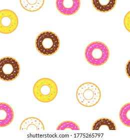 Seamless pattern sweet donuts white background. Colorful tasty donuts collection vector illustration isolated