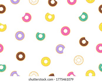Seamless pattern sweet donuts white background. Colorful tasty donuts collection vector illustration isolated