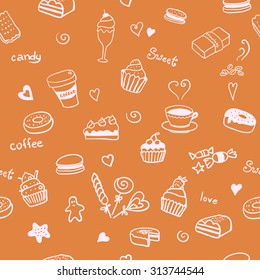 Seamless pattern with sweet doodles with coffee, tea, latte, cappuccino, cakes, dessert, cream, bagels, donuts, chocolate, sweets, cake, ice cream, caramel. Drink brown background.