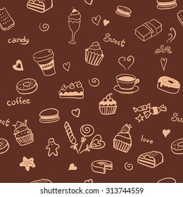 Seamless pattern with sweet doodles with coffee, tea, latte, cappuccino, cakes, dessert, cream, bagels, donuts, chocolate, sweets, cake, ice cream, caramel. Drink brown background.