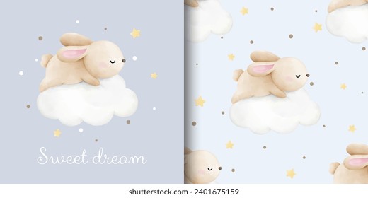 Seamless pattern sweet dream bunny boy sleep on cloud Greeting card Fabric textiles Nursery Clothing kids Watercolor style