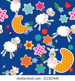 Seamless pattern - sweet dreams - sheep toys, stars and moon are made of fabric - childish background. Ready to use as swatch 