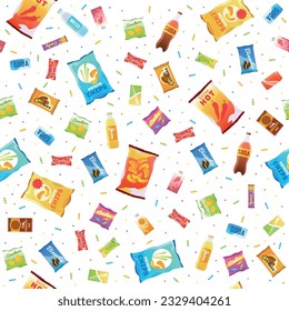 Seamless pattern with sweet drinks and candy. Soda water, chips in packet and cracker. Vending machine background. Decor textile, wrapping paper, wallpaper design. Vector concept