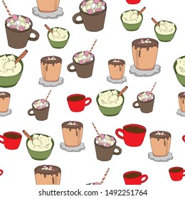 Seamless pattern Sweet drinks, cocoa, eggnog, tea, hot chocolate. Delicious dessert On white background. For textile, packaging, box, cardboard, packaging paper. 
Cartoon style. Vector