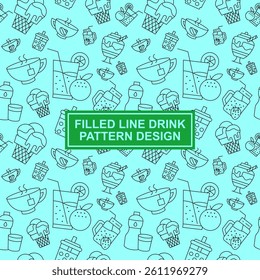 Seamless pattern of sweet drinks and desserts in black outline style over a cyan background. Clean and fun visual style perfect for beverage branding, café wallpaper, or promotional backgrounds.