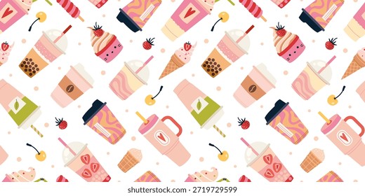 Patrón sin fisuras con bebidas dulces, postres y tazas para llevar. Arte lindo de golosinas y bebidas de café. Ilustración vectorial de moda sobre fondo claro, dibujado a mano, diseño plano