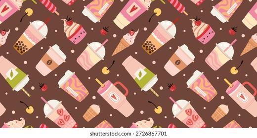Padrão perfeito com bebidas doces, sobremesas e copos de take-away. Bonita arte de cafés e bebidas. Ilustração vetor na moda sobre fundo marrom chocolate, desenhado à mão, design plano