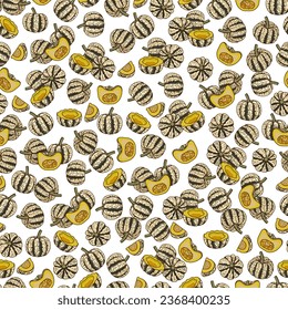 Seamless pattern with Sweet Dumpling squash. Winter squash. Cucurbita pepo. Fruits and vegetables. Cartoon style. Isolated vector illustration.