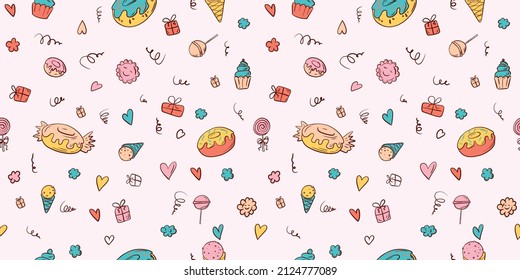 Seamless pattern with sweet elements donut, ice cream, chupa chups, cake. A set of delicious sweet elements for a children's party.
