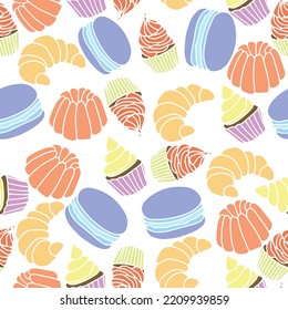 Seamless pattern with sweet elements. Vector illustration with pudding, croissant, cupcake and muffins.