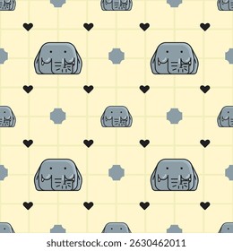 Seamless Pattern – Sweet Elephant Head with Black Hearts on Pastel Grid