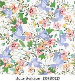 seamless pattern sweet floral with pretty blue  bird cartoon,illustration vector comic art for any card.