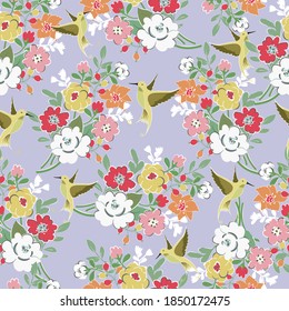 Ramo de flores dulces y colibrí sin foco, ilustración vectorial doodle cómic.