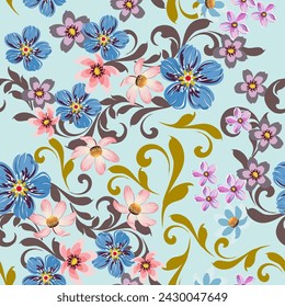 Patrón sin costuras de flores dulces. Hermoso sobre un fondo azul claro.
Para la tela y el papel pintado Natural Spring Flower Gift Wrapping Paper