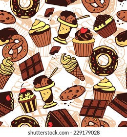 Seamless pattern with sweet food, cakes, chocolate, ice-cream, cookies. Vector seamless texture for wallpapers, pattern fills, web page backgrounds