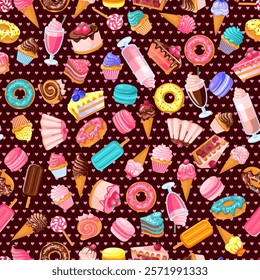 seamless pattern of sweet food. Donut, ice cream, muffins, smoothies, macaroons and candies with with pink, chocolate, blue mint, lemon and blueberry topping.Texture for fabric, wrapping, wallpaper. 