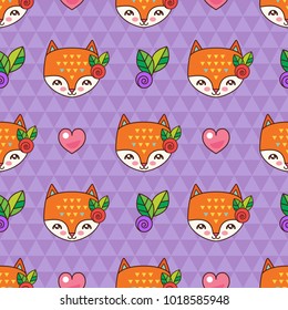 Seamless pattern. A sweet fox with a rose on her head. Violet geometric background. Kawaii style.