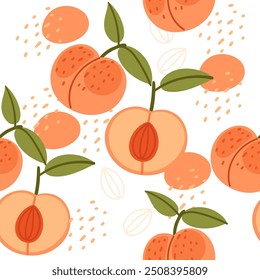 Seamless pattern Sweet fruit peach. Tasty orange peach whole and halved with seed and green leaves. Vector illustration on white background